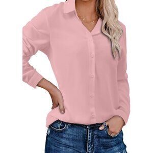 Women's Shirts Fashion Casual Loose Long Sleeve Button Down Shirt Pink
